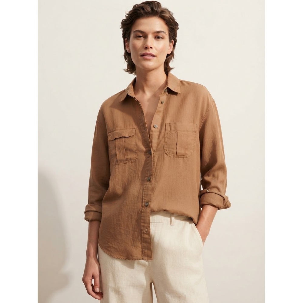 Something Navy button down shirt top Size L caramel camel brown neutral